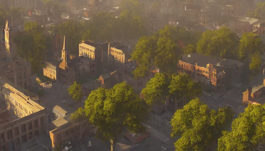 Image similar to small midwest town and city, square, trees, church, sunny day, volumetric light, hyperdetailed, artstation, cgsociety, 8 k