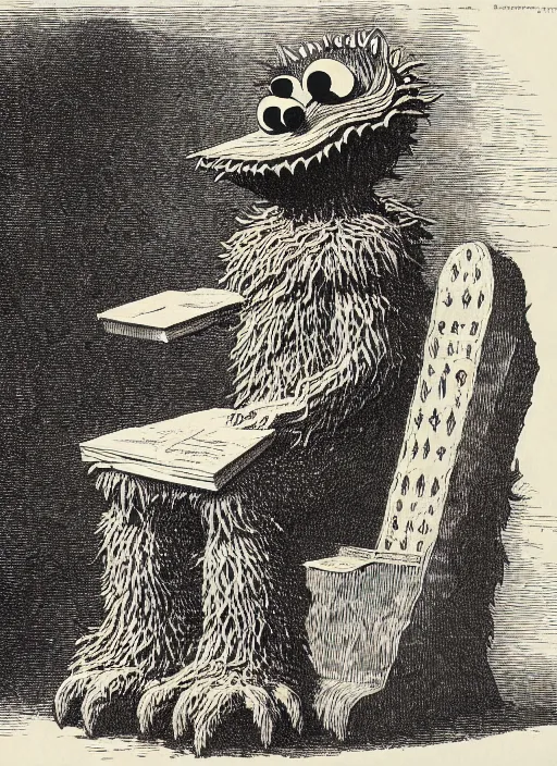 Image similar to cookie monster sits on a throne made of cookies, demon from the dictionarre infernal, etching by louis le breton, 1 8 6 9, 1 2 0 0 dpi scan, ultrasharp detail, clean scan