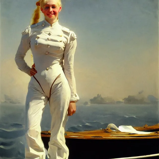 Prompt: painting of a muscular albino female sailor woman with broad shoulders, flowing white hair, and a confident smile, naval uniform, on a boat at sea. painting by john singer sargent and ivan aivazovsky, 4 k hd artstation