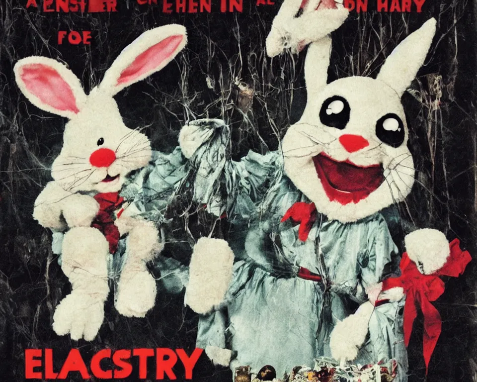 Image similar to a horror movie poster featuring the Easter Bunny
