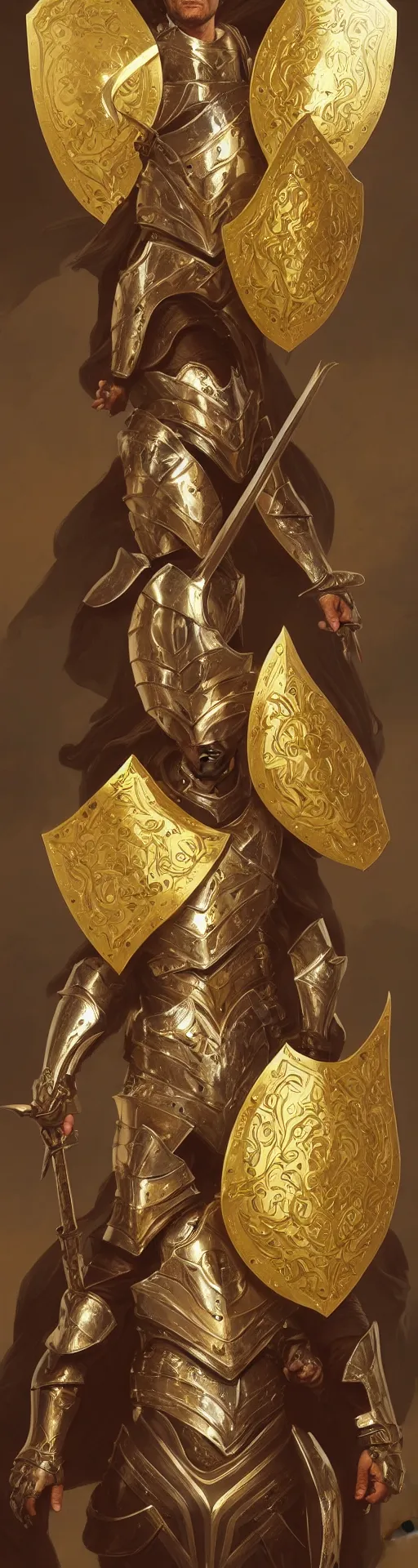 Prompt: Portrait of Pedro Perestrello as a paladin wearing gold full plate armor and wielding a shield, fantasy, intricate, elegant, highly detailed, digital painting, artstation, concept art, matte, sharp focus, illustration, art by Artgerm and Greg Rutkowski and Alphonse Mucha