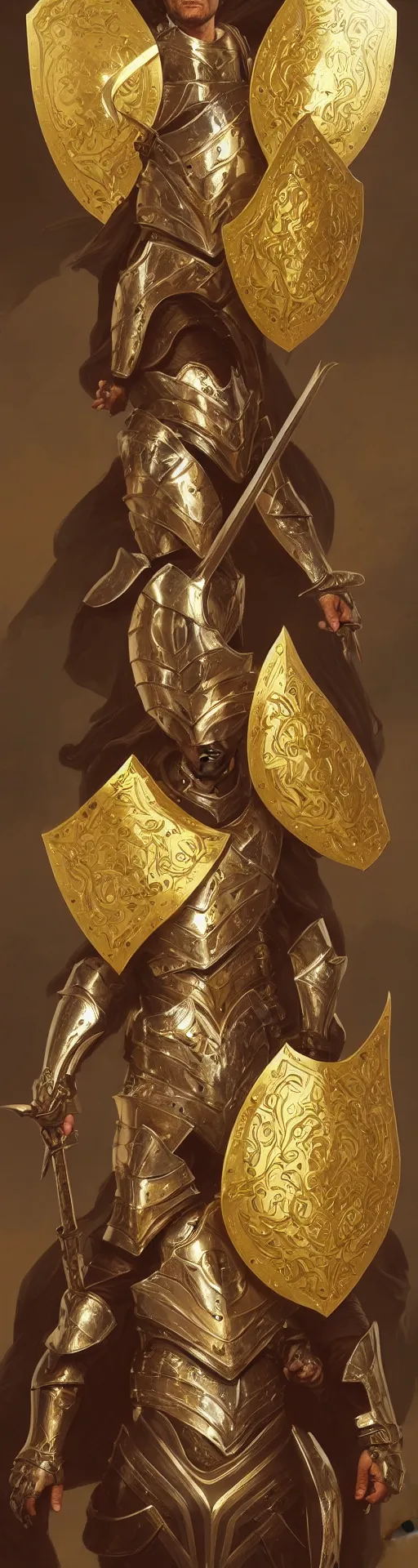 Image similar to Portrait of Pedro Perestrello as a paladin wearing gold full plate armor and wielding a shield, fantasy, intricate, elegant, highly detailed, digital painting, artstation, concept art, matte, sharp focus, illustration, art by Artgerm and Greg Rutkowski and Alphonse Mucha