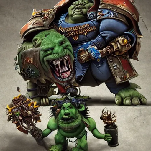 Image similar to an extremely sad orge and a skaven in warhammer 4 0 k darktide