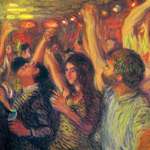 Image similar to young people dancing and drinking in a nightclub, partylights, beautiful people, by monet, trending on artstation