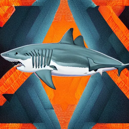 Prompt: great white shark, side view, with a silver and orange striped traffic cone construction cone on its dorsal fin, mandala background fractal background detailed - ron cheng & alphonse mucha, highly detailed, digital painting, ray tracing, concept art, illustration, smooth sharp focus, intricate, symmetry, artstation,