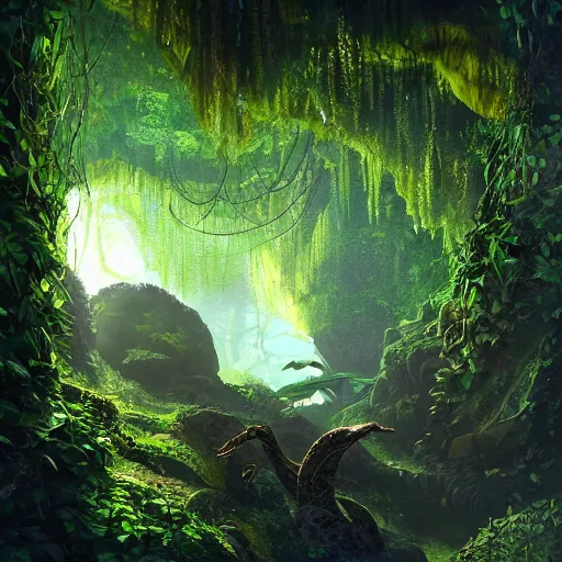 Image similar to looking into lush cave with glowing emeralds and vines hanging from the ceiling, sharp focus, cinematic light, artgerm, cgsociety, highly detailed