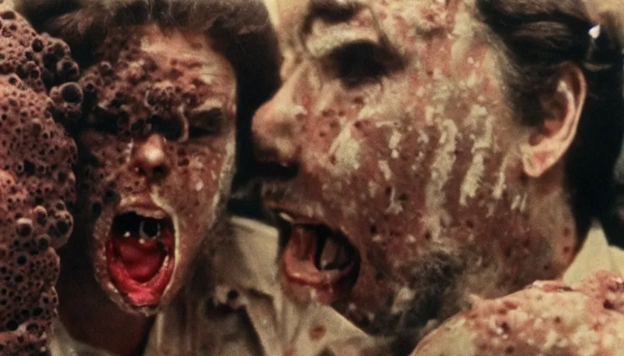 Image similar to 70s movie still of a man yelling with trypophobia flesh in hospital, eastmancolor, heavy grain, high quality, higly detailed, liminal space