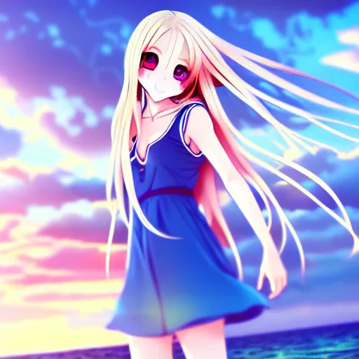 Image similar to a very beautiful anime cute girl, full body, long wavy blond hair, sky blue eyes, full round face, short smile, fancy top, miniskirt, front view, summer lake setting, storm weather, cinematic lightning, medium shot, mid-shot, highly detailed, cinematic wallpaper by Stanley Artgerm Lau