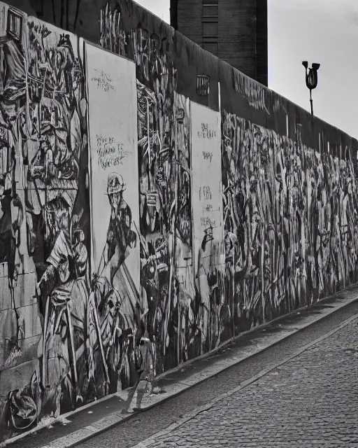 Image similar to fall of the berlin wall, hyper realism, high detail, extremely detailed, very sharp, award winning photo, in the style of vivian maier