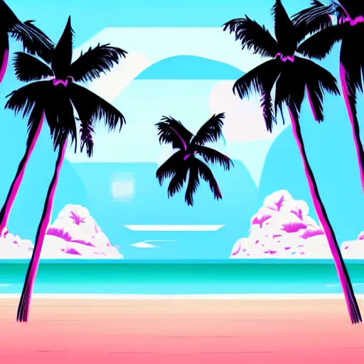 Image similar to synthwave white sand beach with palm trees, day, beautiful, aesthetic, illustration, trending on artstation