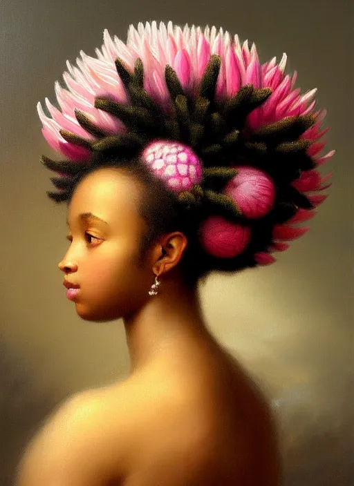 Image similar to stunning african princess, detailed pink and white protea head peace against a black backdrop by ivan aivazovsky, wlop, oil painting, beautiful soft lighting, vintage, rococo, muted colours, artstation