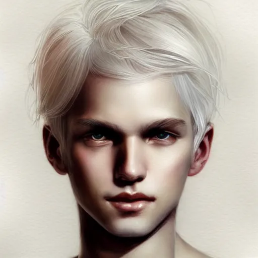 Prompt: young boy, white hair, gorgeous, amazing, delicate, elegant, intricate, highly detailed, watercolor, portrait, artstation, concept art, sharp focus, illustration, art by charlie bowater and ross tran