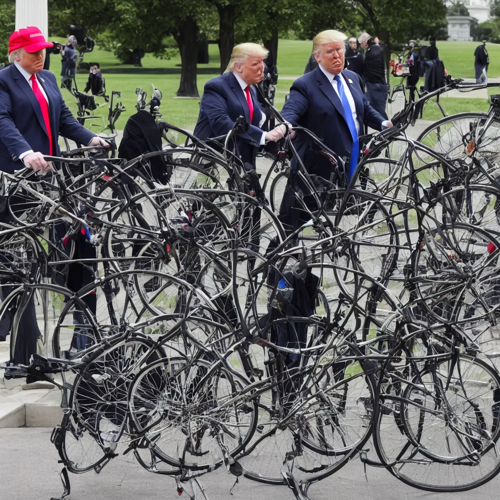 Prompt: trump repairs one bicycle outside the white house