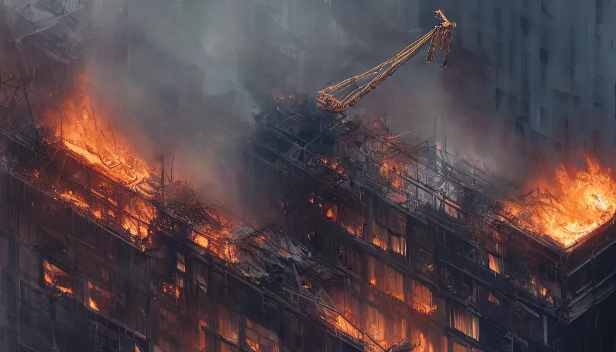 Image similar to Crane fell against a burning building, hyperdetailed, artstation, cgsociety, 8k