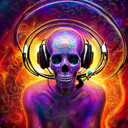 Image similar to portrait of a fantasycore glitchcore deformed skull wearing headphones. intricate abstract. intricate artwork. celestial. prismatic, by josephine wall, pixar, ghibli. octane render, CGSociety very coherent symmetrical artwork. cinematic, hyper realism, high detail, octane render, 8k, holographic accents