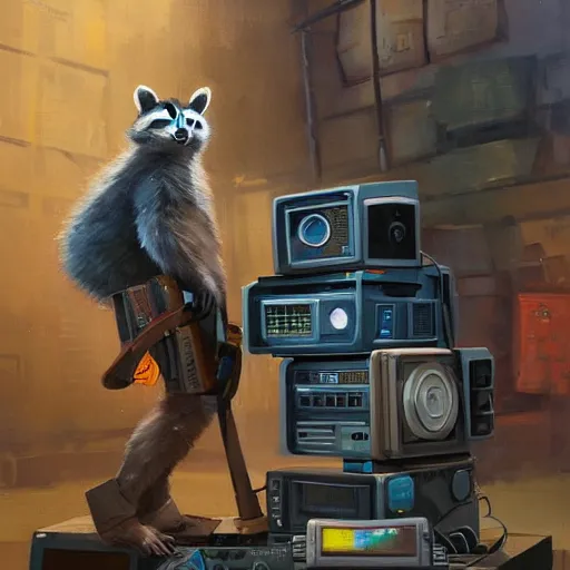 Image similar to greg manchess painting of a trash panda character, holding a box of cables and standing next to old electronic equiptment, medium shot, asymmetrical, profile picture, organic painting, night time, matte painting, bold shapes, hard edges, street art, trending on artstation, by huang guangjian and gil elvgren and sachin teng