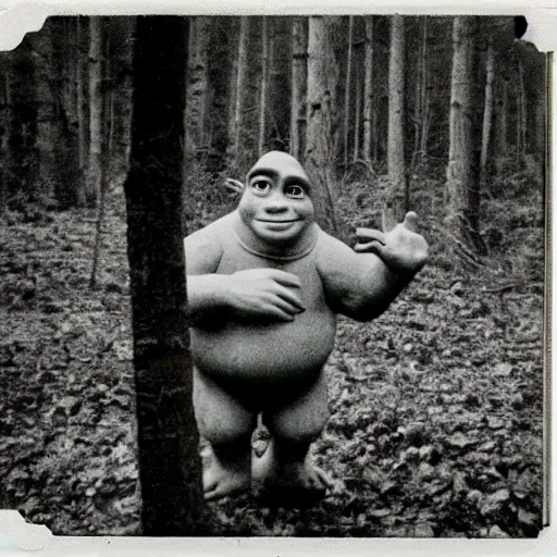 Image similar to 1 9 6 0's old polaroid of shrek staring from the depths of the dark gloomy forest, photorealistic, grainy, found footage, old film, low quality, horror, creepy, unsettling, liminal, strangely terrifying