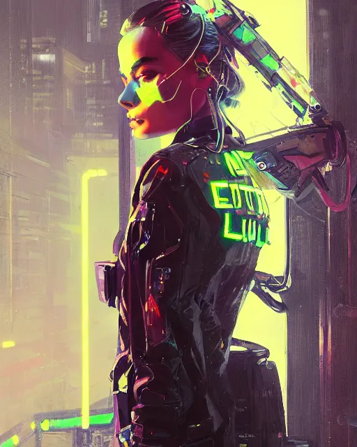 Image similar to neon operator margot robbie, cyberpunk futuristic neon, reflective puffy jacket, decorated with traditional japanese ornaments by ismail inceoglu dragan bibin hans thoma greg rutkowski alexandros pyromallis nekro rene maritte illustrated, perfect face, fine details, realistic shaded, fine - face, pretty face