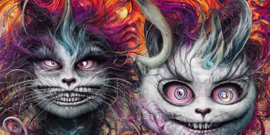 Image similar to dream portrait of Cheshire Cat from Alice in Wonderland,full character, melting ,8k,by tristan eaton,Stanley Artgermm,Tom Bagshaw,Greg Rutkowski,Carne Griffiths, Ayami Kojima, Beksinski, Giger,trending on DeviantArt,face enhance,hyper detailed,minimalist,horror, android, full of colour