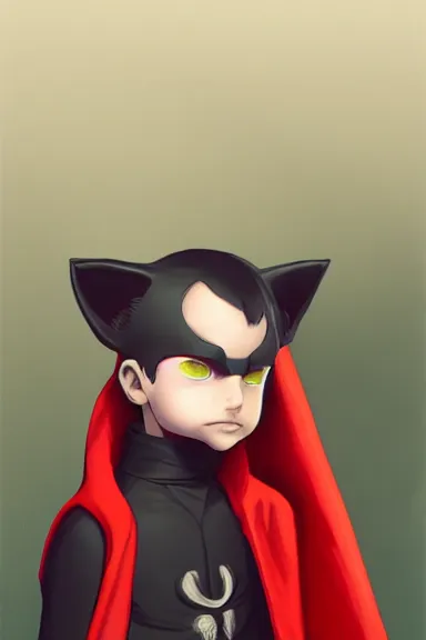 Image similar to little boy with cat ears in an black outfit with red cape. digital painting made by lois van baarle and kentaro miura and marc simonetti and sakimichan, sharpness focus, inspired by hirohiko araki, anatomically correct, heroic composition, hero pose, smooth