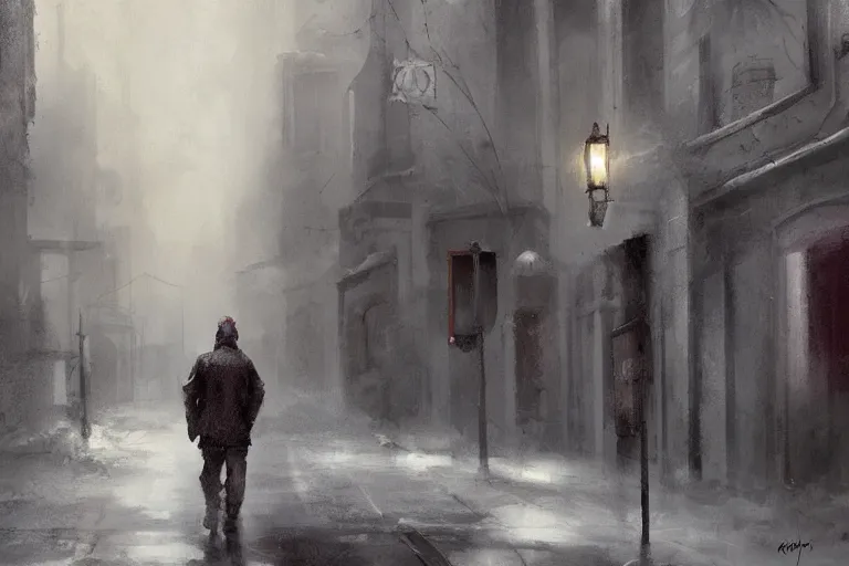 Prompt: concept art mood painting environment painting man walking down grey dull concreate alley winter arms in pockets. style of ryan church jon mccoy george hull painting