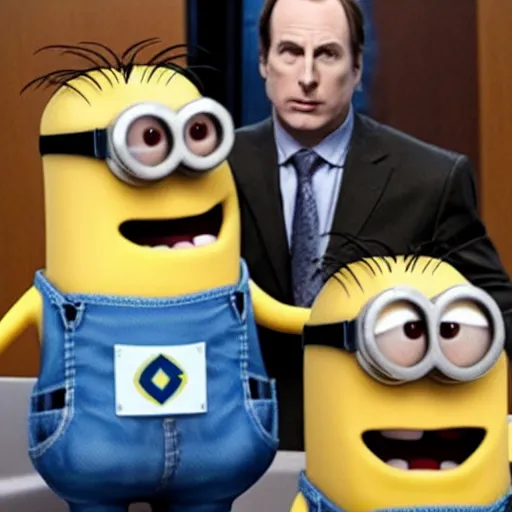 Prompt: bob odenkirk dressed as a minion in court