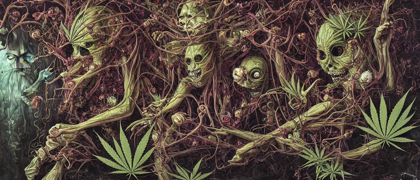 Image similar to cannabis paranoia, nightmare anomalies, venus flytrap by dariusz zawadzki, kenneth blom, mental alchemy, james jean, pablo amaringo, naudline pierre, contemporary art, hyper detailed