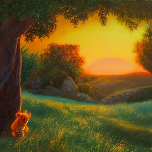 Prompt: winnie the pooh standing on a hill with sunset in background, oil painting, highly detailed