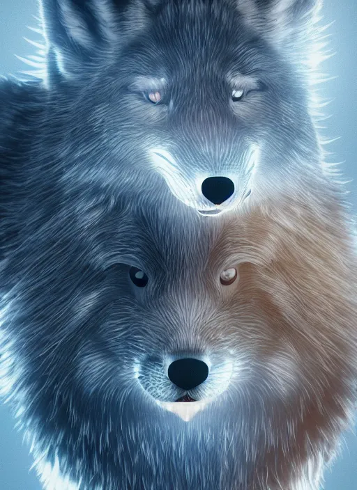 Prompt: A wolf in love with a rabbit, in style of manga, detailed, symmetric, lights and smoke, symmetrical composition, cinemática, hyper realism, 8k, octane render, 8k