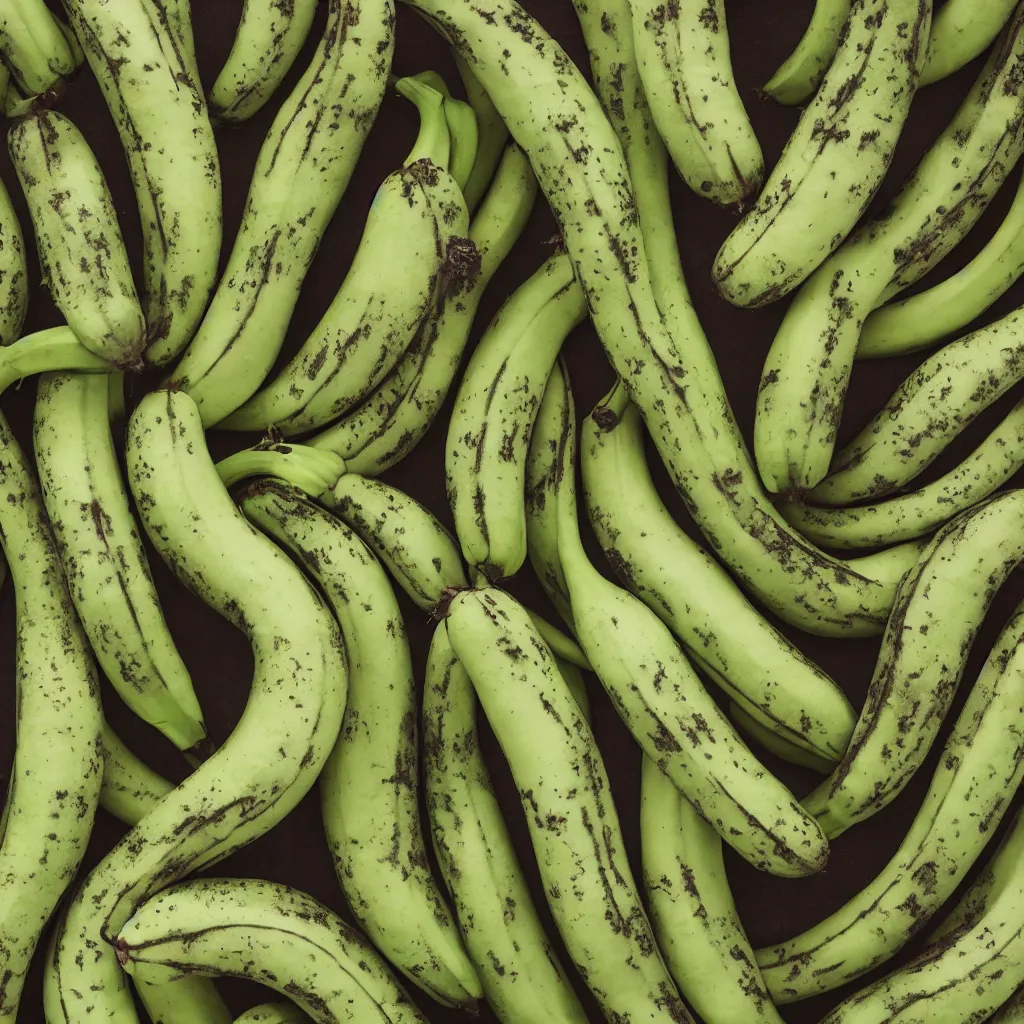 Image similar to very ripe bananas organized like a complex fractal, cracked, vegetable foliage, art nouveau fractal with petal shape, and stems, mesh roots, hyper real, food photography, high quality