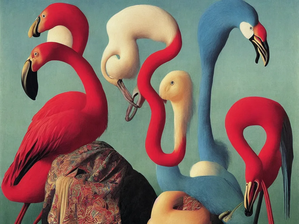 Prompt: Portrait of albino mystic with blue eyes, with exotic beautiful flamingo. Painting by Jan van Eyck, Audubon, Rene Magritte, Agnes Pelton, Max Ernst, Walton Ford