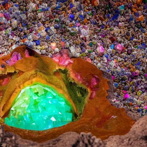 Prompt: dinosaur skeleton inside a geode of multi-colored crystals