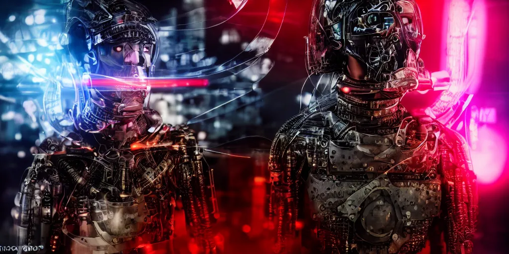 Image similar to a photo of an cyborg samurai futuristic, holographic, 8k, sharp focus, fujifilm