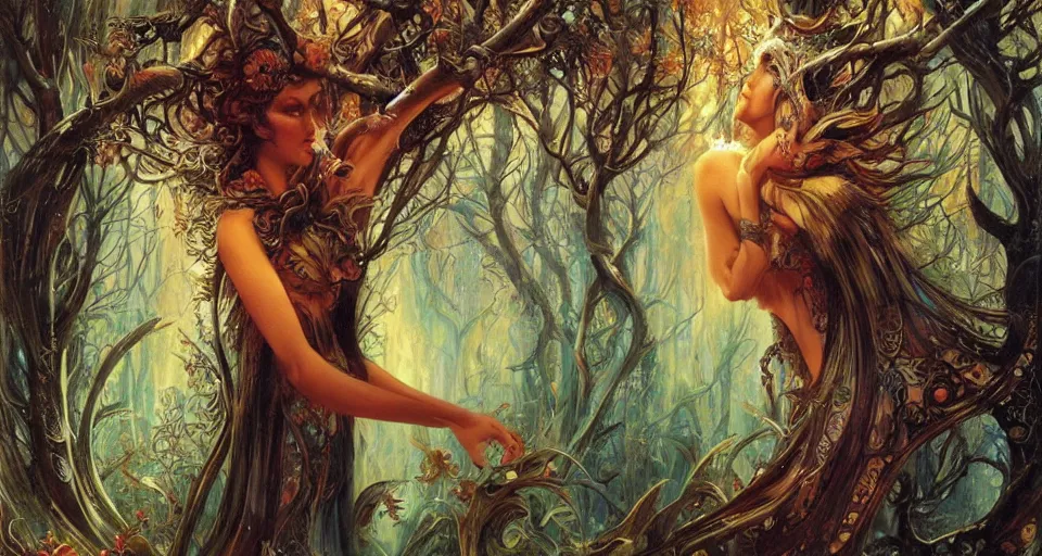 Prompt: Enchanted and magic forest, by Karol Bak, by Gainax Co,