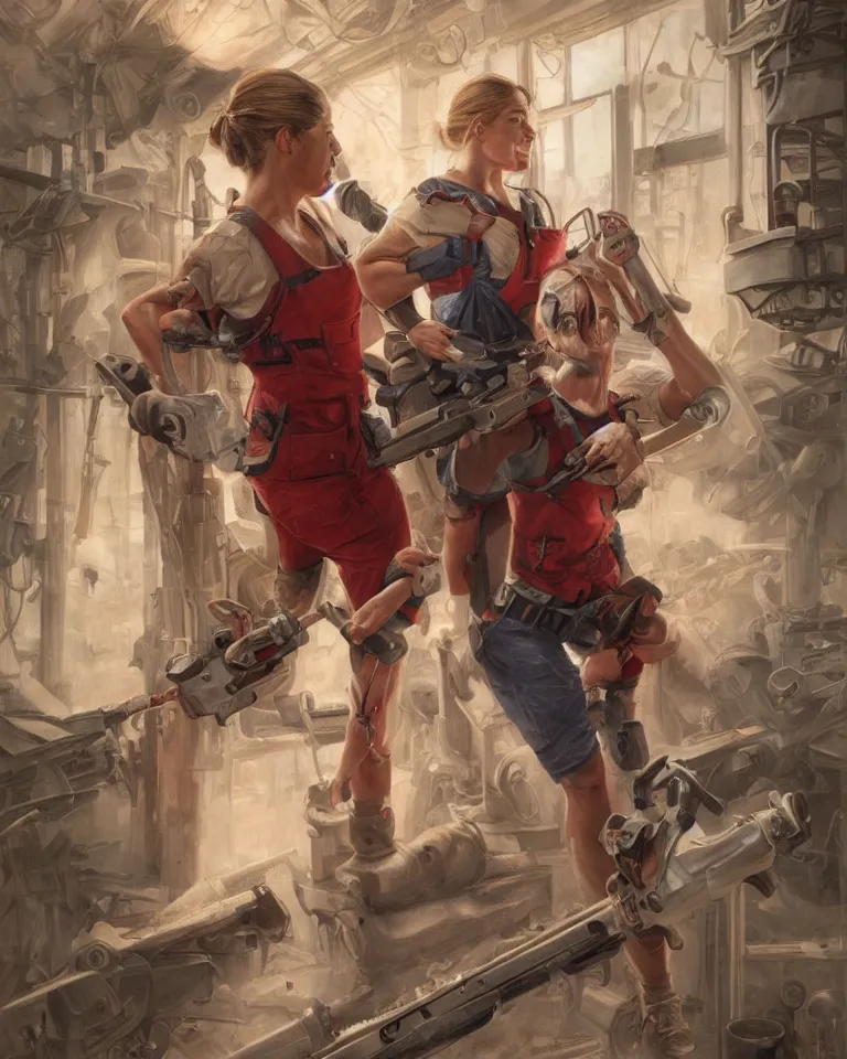 Image similar to epic portrait a slightly muscular woman wearing short sleeved uniform and carrying a red power tool drill, detailed, centered, digital painting, artstation, concept art, donato giancola, Joseph Christian Leyendecker, WLOP, Boris Vallejo, Breathtaking, 8k resolution, extremely detailed, beautiful, establishing shot, artistic, hyperrealistic, beautiful face, octane render