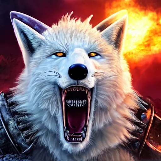 Image similar to angry demonic white polar fox with sharp teeth wearing medieval ornamented rusty armor, ice and fire, postapocalyptic world, hyperrealistic, dramatic sky, highly detailed