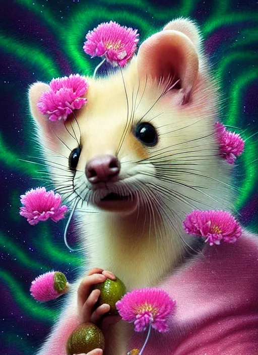 Prompt: hyper detailed 3d render like a Oil painting - kawaii portrait Aurora (blonde calico Sable Ferret war dance) seen Eating of the Strangling network of yellowcake aerochrome and milky Fruit and Her delicate Hands hold of gossamer polyp blossoms bring iridescent fungal flowers whose spores black the foolish stars by Jacek Yerka, Mariusz Lewandowski, Houdini algorithmic generative render, Abstract brush strokes, Masterpiece, Edward Hopper and James Gilleard, Zdzislaw Beksinski, Mark Ryden, Wolfgang Lettl, hints of Yayoi Kasuma, octane render, 8k