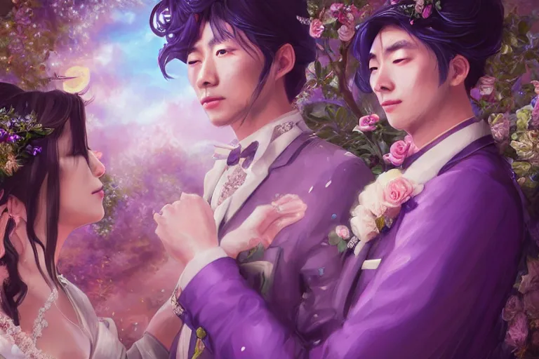 Image similar to a cinematic portrait of wedding photograph jpeg close up moment of a divine a japan sun god and moon goddess lovers magician at a wedding banquet. portraiture. digital painting. artstation. concept art. fantasy wedding photo. digital painting, 8 k realistic, hyper detailed, violet evergarden art masterpiece by art by krenz cushart