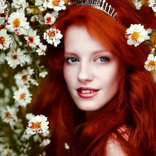 Image similar to !dream Fine art photo of the most beautiful woman, she is redhead, she is posing while maintain a sweet eye contact to the camera, she has a crown of flowers, she has perfect white teeths, the photo was taking by Annie Leibovitz, matte painting, oil painting, naturalism