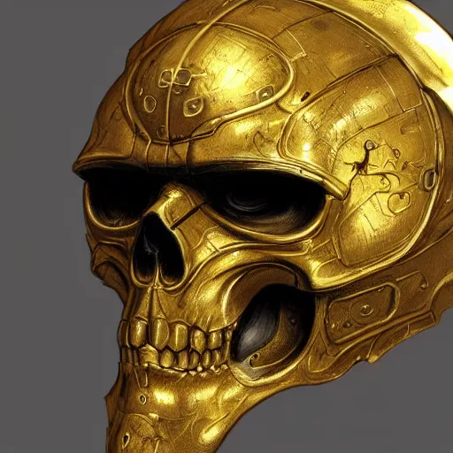 Image similar to three quarter view of gold skull helmet face mask by donato giancola and greg rutkowski, vintage retro scifi, realistic face, digital art, trending on artstation