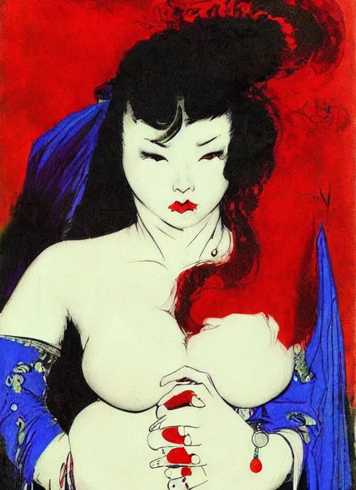 Image similar to portrait of heavyset korean vampiress, jeweled veil, blue and red, strong line, saturated color, beautiful! coherent! by frank frazetta, high contrast, minimalism