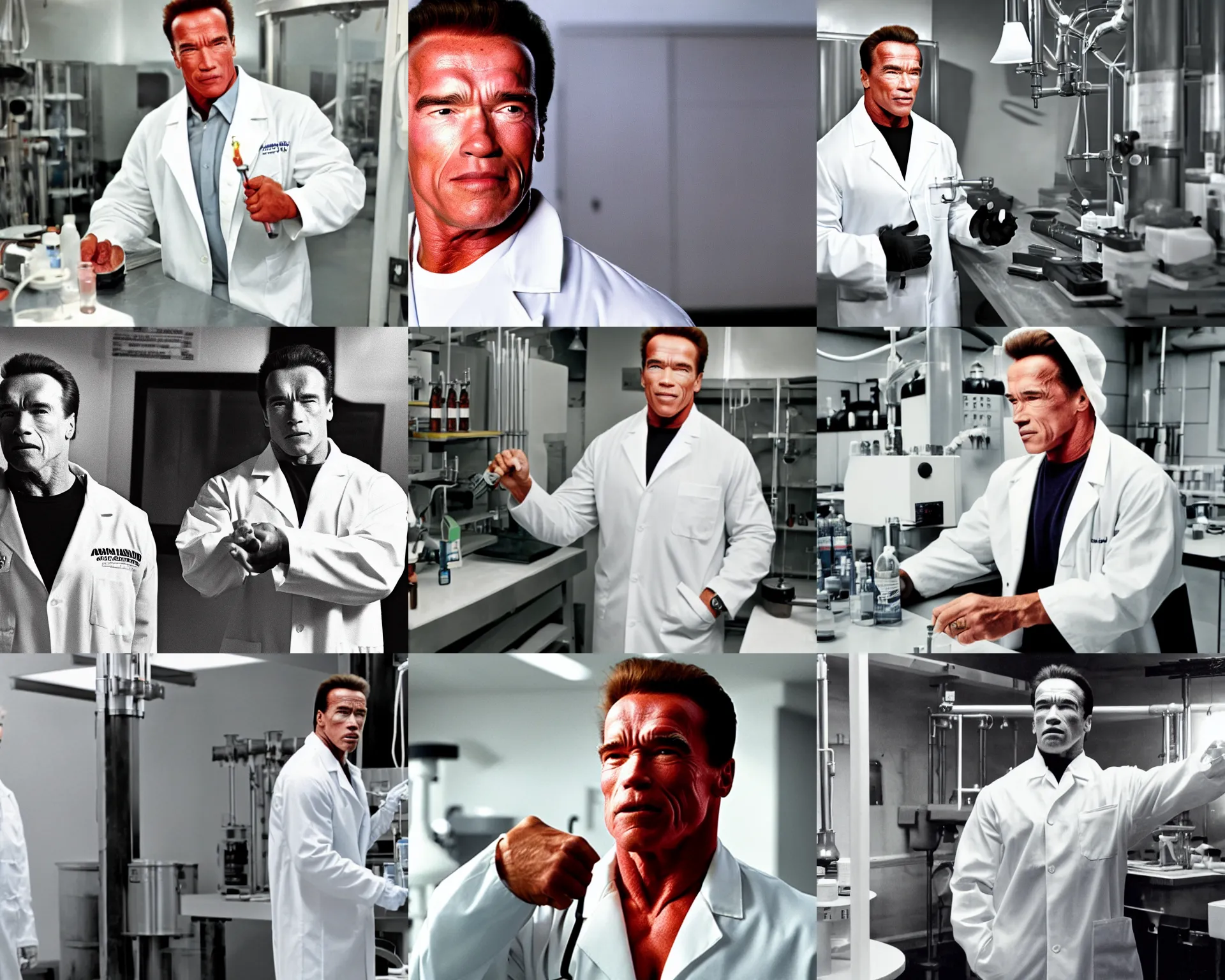 Prompt: arnold schwarzenegger in a labcoat mixing chemicals