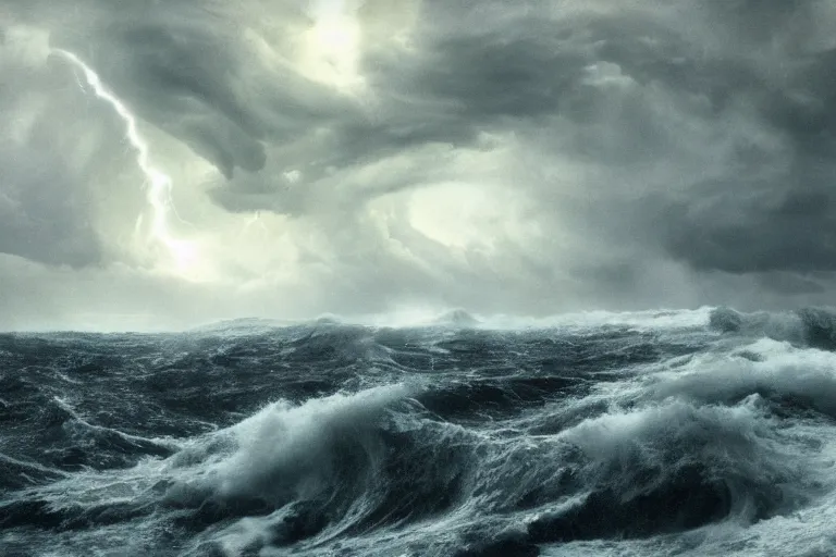 Image similar to surreal scene of a storm at sea, cinematic masterpiece