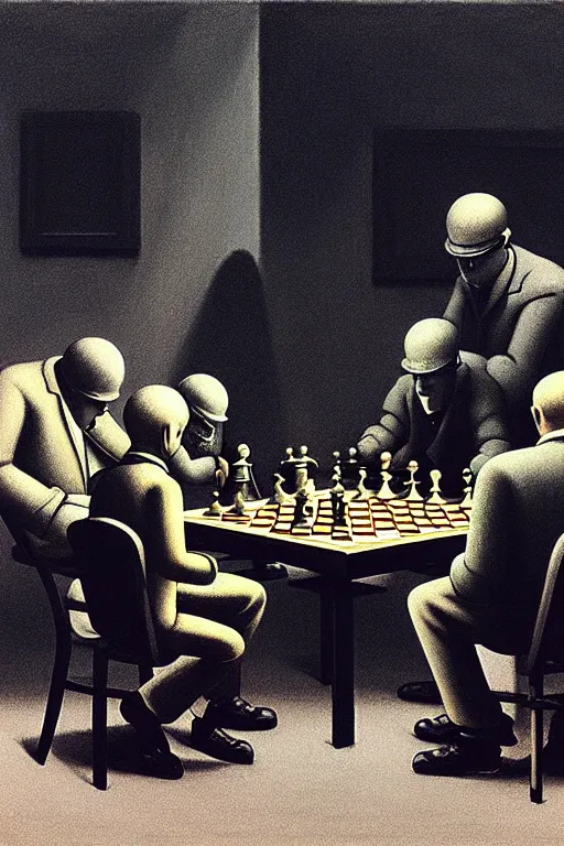 Image similar to group of men watching a little kid playing chess with a robot, edward hopper and james gilleard zdzislaw beksisnski higly detailed