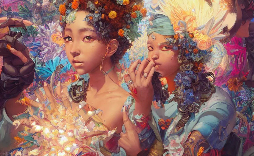 Prompt: beautiful anime painting of sunny hiphop solarpunk summertime chill, by tim okamura, victor nizovtsev, greg rutkowski, noah bradley. trending on artstation, 8 k, masterpiece, graffiti paint, fine detail, full of color, intricate detail, golden ratio illustration