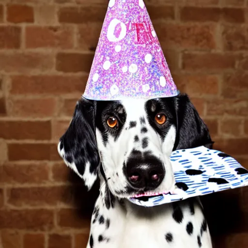 Prompt: photo of dalmatian dog with birthday hat eating a birthday cake,
