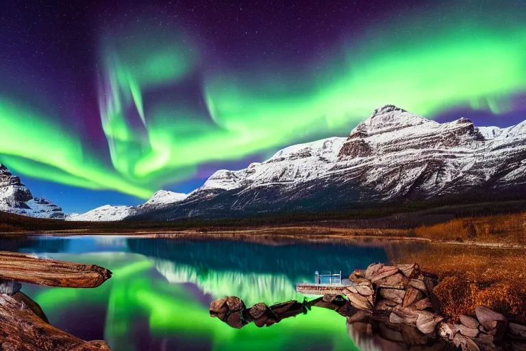 Image similar to beautiful northern lights landscape photography of the Rocky Mountains with a crystal blue lake, small boat, serene, dramatic lighting.