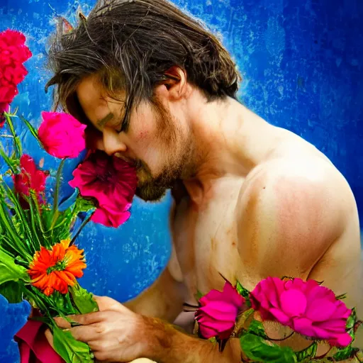 Image similar to epic warrior dying with flowers, sharp focus, hd