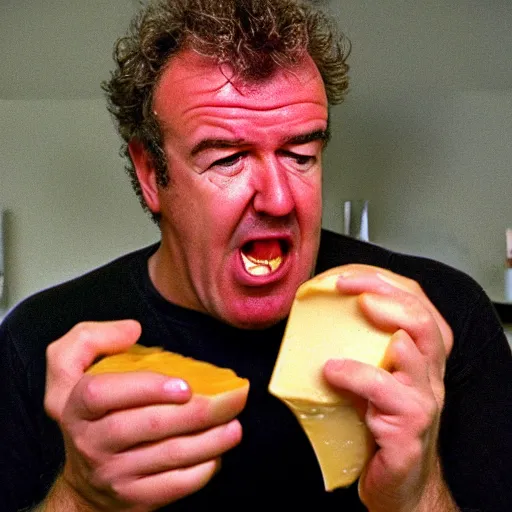 Prompt: jeremy clarkson screaming angry while trying to eat melted cheese