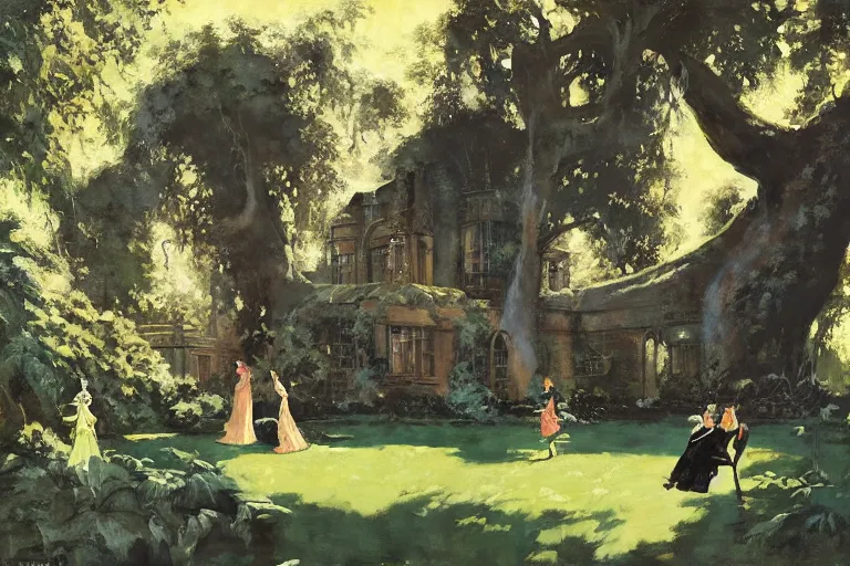 Image similar to 5 0 s pulp illustration of elegant black woman watching spacecraft land in garden of english country mansion, baobab trees, painted by norman rockwell, jack kirby, john berkey, bergey, craig mullins, ruan jia, raymond swanland, jeremy mann, tom lovell, morgan weistling, carl spitzweg